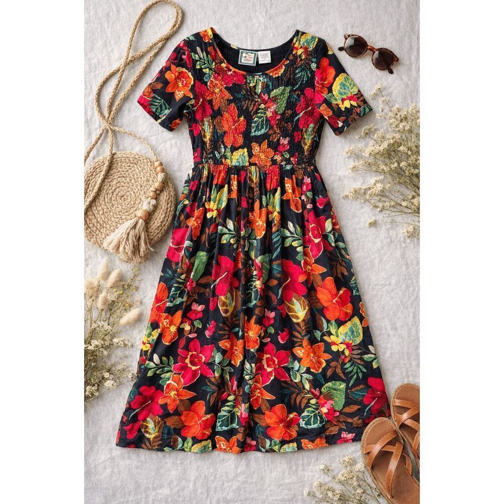 VTG 90s Smocked Cotton Dress M Colorful Floral Summer Tropical Effortless